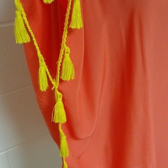 C&T BEACH CORAL WITH YELLOW TASSELS BEACH COVER UP KAFTAN SUMMER WEAR - Picture 3 of 5